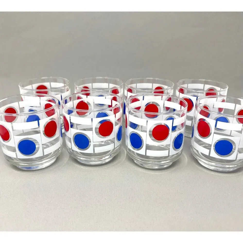 Set of 8 Vintage MCM Libbey Patriotic Red White Blue Dot Pattern Low Ball READ